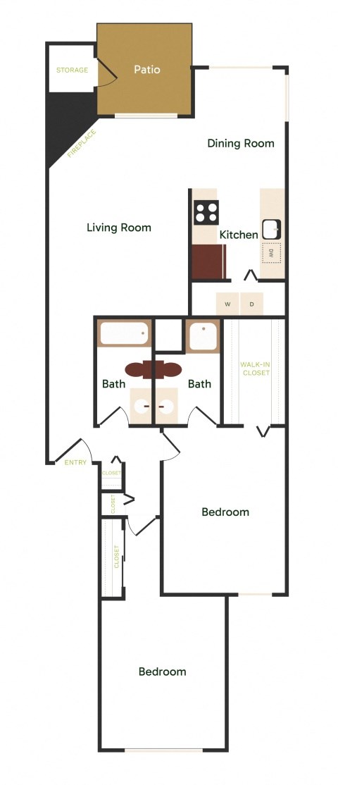 A floor plan of a house with a living room, two bathrooms, a dining room, a kitchen, and two bedrooms.